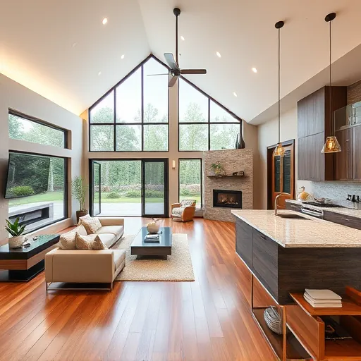 Modern Spicewood TX home remodeling with open layout, vaulted ceilings, sleek floors, and elegant furnishings.