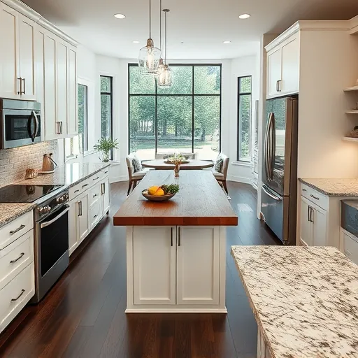 Modern kitchen remodel in Travis Country TX with granite countertops, shaker cabinets, hardwood flooring, and stainless steel appliances.