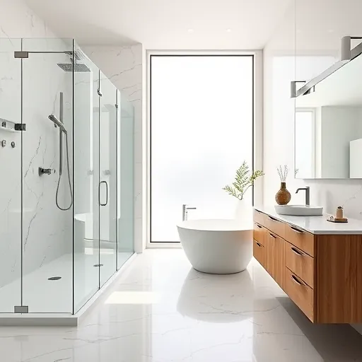 Modern renovated Austin bathroom with walk-in shower, freestanding tub, sleek fixtures, marble tiles, and minimalist design