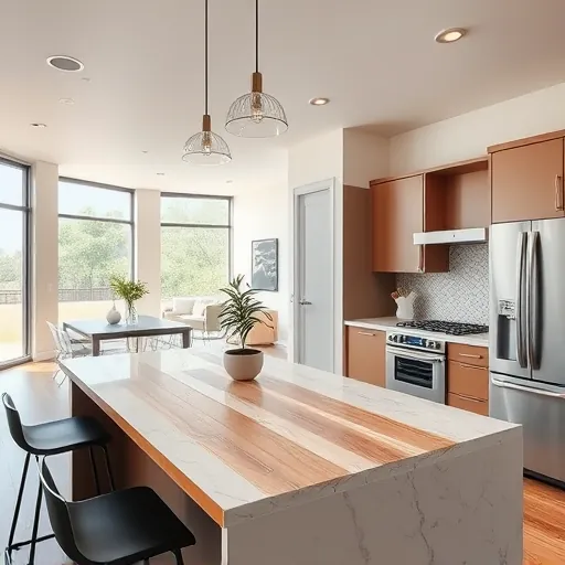 Remodeled Hyde Park TX kitchen with granite countertops, stainless steel appliances, custom cabinetry, tile backsplash, wooden island, and natural light