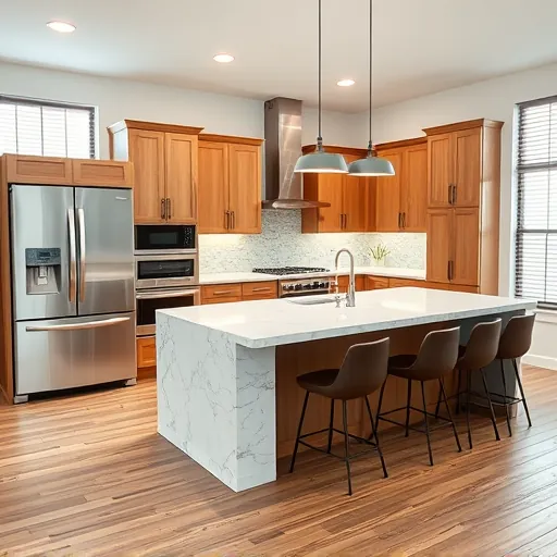 Modern kitchen remodel in Falconhead TX featuring stainless steel appliances, marble countertops, and warm wood cabinetry.