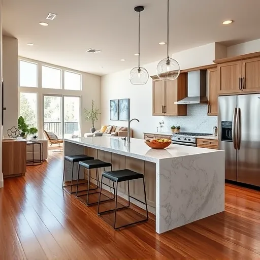 Modern kitchen remodel in Steiner Ranch TX with sleek cabinetry, quartz countertops, and stylish lighting.