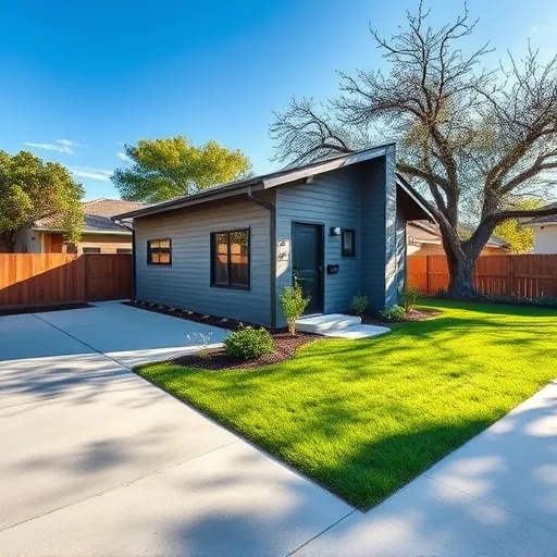 Completed modern ADU in Austin TX showing sleek design, large windows, landscaped yard, mature trees, and blue sky