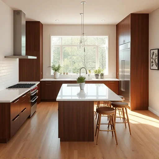 Renovated Cedar Valley kitchen with walnut cabinetry, quartz countertops, and modern appliances exudes elegance and functionality.