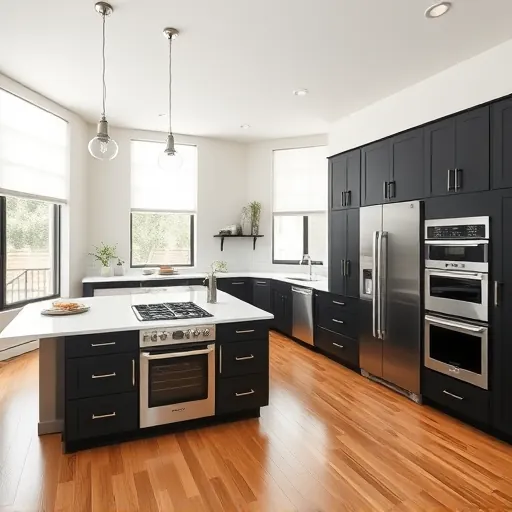 Recently remodeled Zilker TX kitchen with matte black cabinets, quartz island, stainless appliances, hardwood floors.