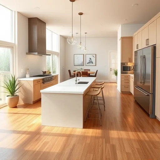 Completed modern kitchen in Lakeway TX with sleek cabinetry quartz countertops stainless steel appliances island pendant lighting hardwood floors and natural light