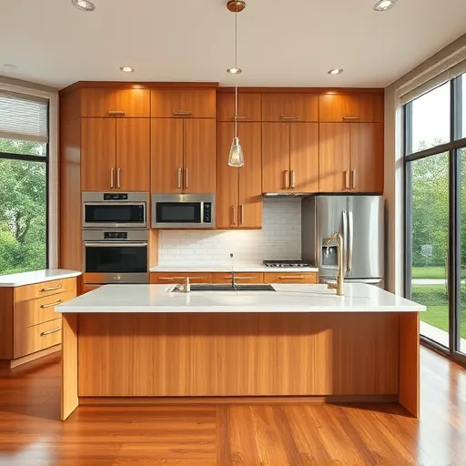 Modern Sunset Valley kitchen with warm wood cabinetry, quartz island, stainless steel appliances, subway tile backsplash, hardwood floors, large windows with natural light.