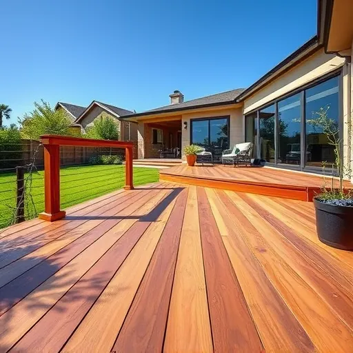Finished cedar deck in Austin Texas with lush greenery, modern home, outdoor furniture, bright daylight, outdoor living