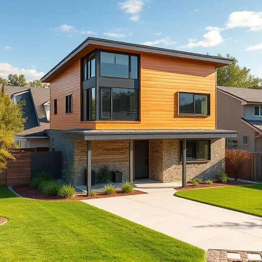 Modern Austin home with seamless second-story addition, large windows, lush landscaping, and neighborhood skyline