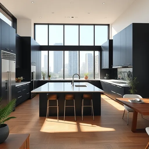 Modern Austin kitchen with matte black cabinets stainless steel appliances quartz countertops large island neutral backsplash natural light stylish open-concept bright and elegant