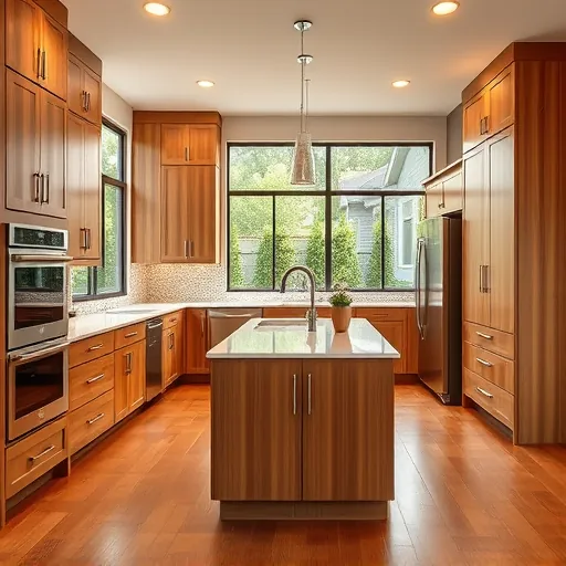 Modern kitchen remodel in Buda TX featuring warm wood cabinetry, quartz countertops, stainless steel appliances, and natural light.