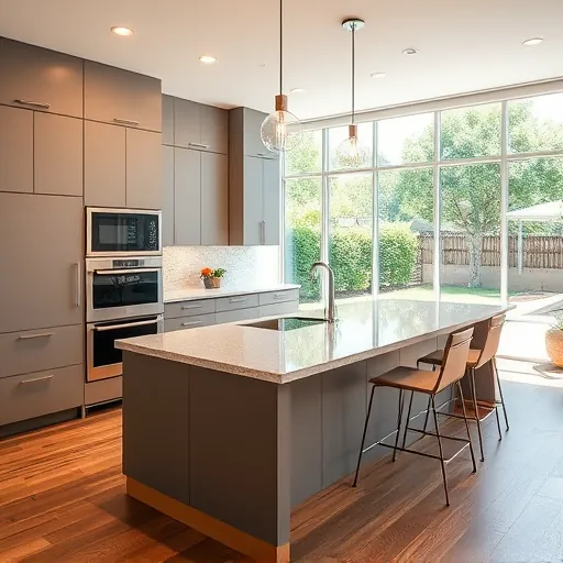 Renovated kitchen in Austin featuring sleek cabinetry, granite island, stainless steel appliances, and natural light.