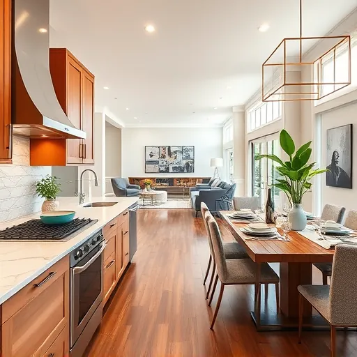 Modern kitchen in Kyle TX features marble countertops, stainless steel appliances, warm cabinetry, and elegant decor.