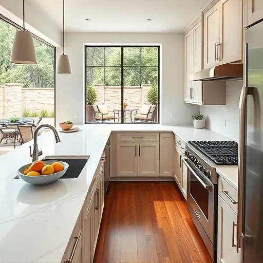 Renovated Brentwood Texas kitchen with quartz countertops stainless steel appliances custom cabinetry hardwood floors and lush backyard view