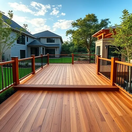 Finished cedar deck with detailed craftsmanship in a lush Austin suburban yard under clear blue sky