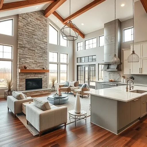Modern rustic home remodeling in Bee Cave TX, featuring a spacious living area with high ceilings, custom fireplace, and elegant decor.