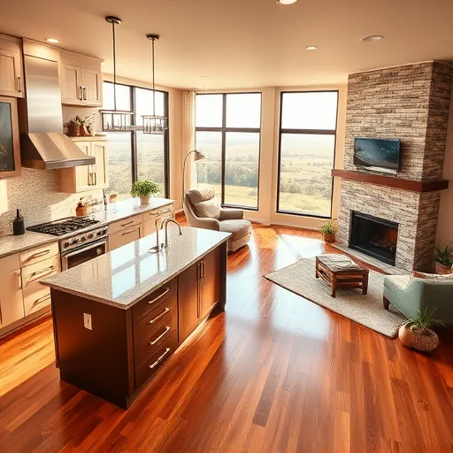 Modern kitchen and living room in Volente TX with stainless steel appliances, granite countertops, and warm natural light.