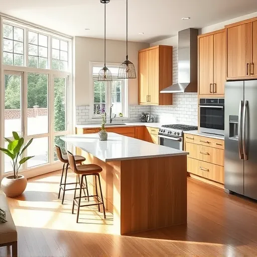 Freshly remodeled Austin kitchen with modern oak cabinetry, stainless steel appliances, and polished granite island.