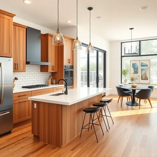 Remodeled Bouldin Creek kitchen with natural wood cabinetry, quartz island, subway tile backsplash, hardwood floors and large windows