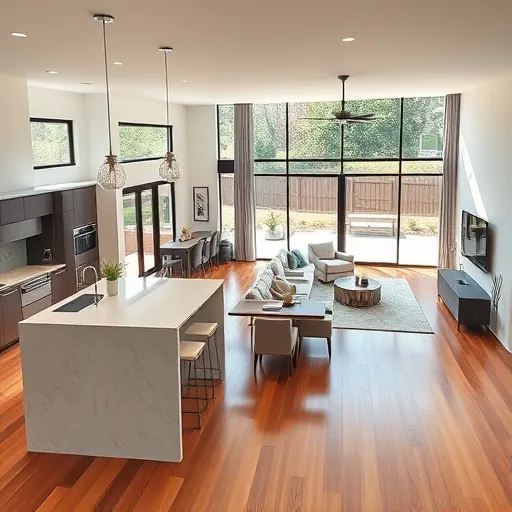 Renovated Austin home interior with open living space, hardwood floors, modern kitchen, spacious dining, cozy living room, landscaped backyard