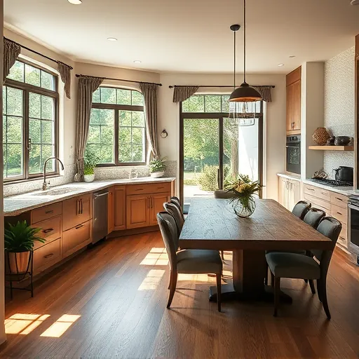 Modern kitchen remodel in Wimberley TX featuring granite counters, custom cabinetry, and bright dining area bathed in natural light.