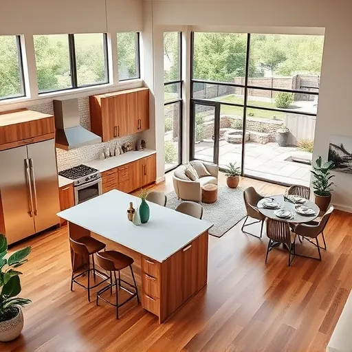 Modern kitchen in Barton Hills TX with natural wood cabinetry, white quartz island, and bright open living area.