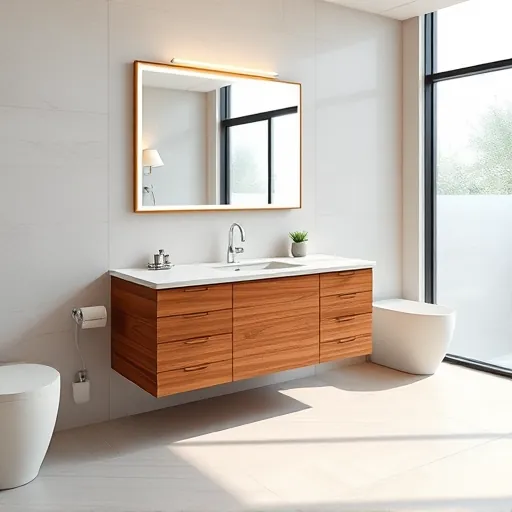 Modern bathroom vanity in Austin with custom wooden cabinet marble countertop chrome fixtures frosted glass windows tiled walls and LED mirror