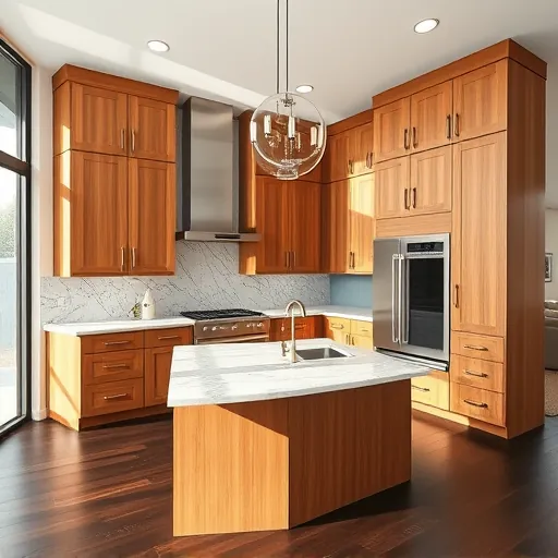 Recently remodeled Spicewood TX kitchen with modern wood cabinets granite countertops island pendant lighting and natural daylight
