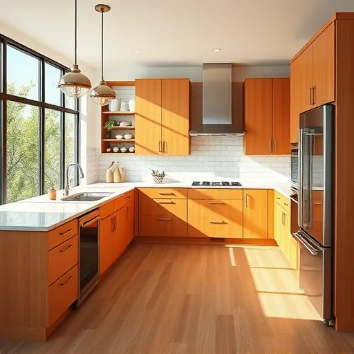 Remodeled Cedar Valley Texas kitchen with modern wood cabinets, stainless steel appliances, quartz countertops, pendant lighting, subway tile backsplash, hardwood floors, large windows with greenery, and organized pantry