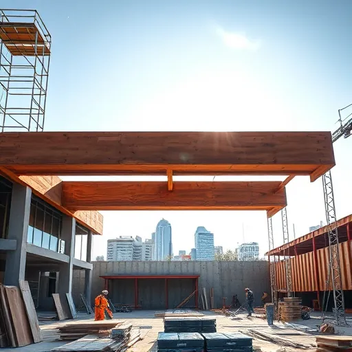Freshly installed wooden beam in Austin outdoor construction site with organized materials, greenery, and clear blue sky