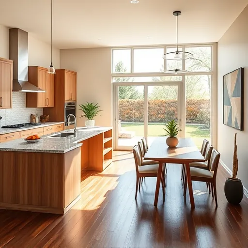 Modern kitchen remodel in Kyle TX with high-end appliances, granite countertops, and a spacious, light-filled living area.