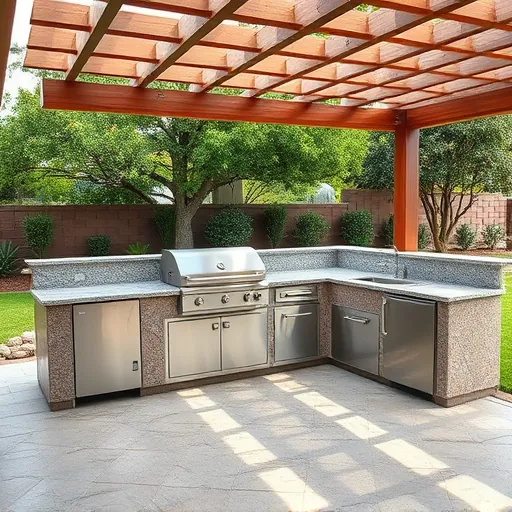 Beautiful outdoor kitchen in Austin with granite countertops stainless steel appliances pergola lush greenery and stone patio
