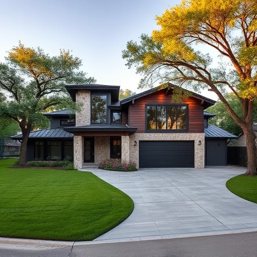 Modern custom home in Austin Texas with stone, wood siding, large glass windows, lush landscaping, and scenic suburban background