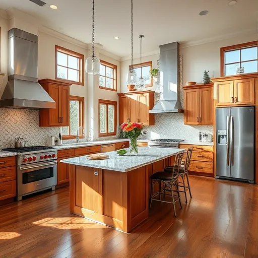 Modern kitchen in Driftwood TX, featuring stainless steel appliances, granite island, and warm wood cabinetry.