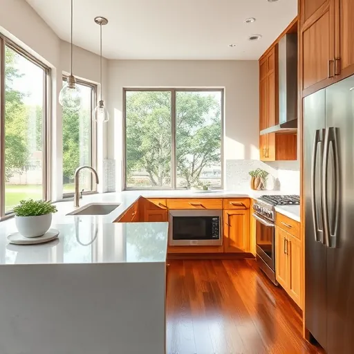 Remodeled Travis Country TX kitchen with quartz countertops stainless steel appliances custom wood cabinetry hardwood floors and natural light
