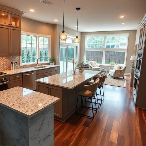 Modern Falconhead TX kitchen with granite countertops, stainless steel appliances, and custom cabinetry and a cozy living area.