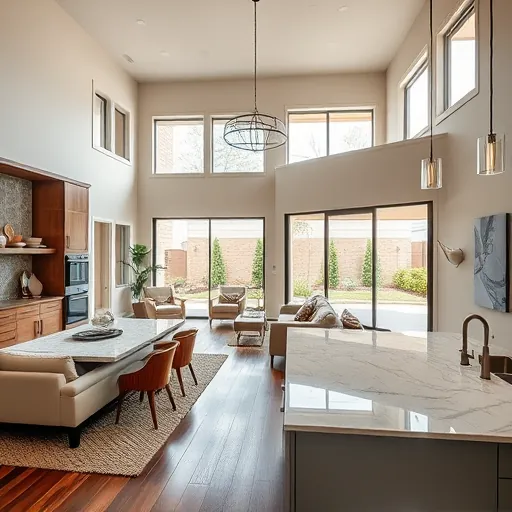 Completed home remodeling project in Allandale TX featuring modern open living space with high ceilings and large windows.
