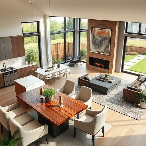 Elegant open-concept living space in Bouldin Creek TX with modern kitchen, dining area, and vibrant garden view.