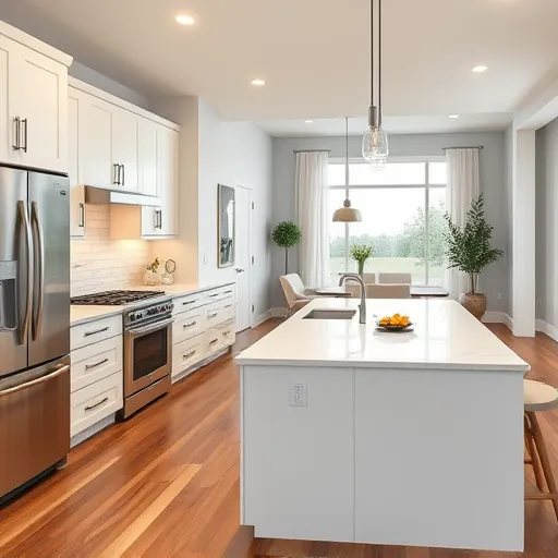 Modern renovated Holly TX kitchen with white cabinets, marble island, stainless appliances, and hardwood floors