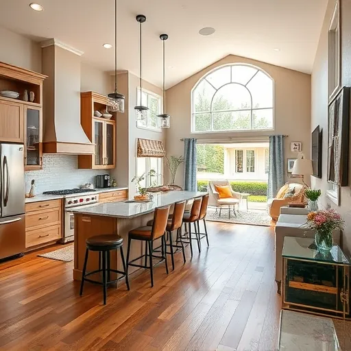 Renovated kitchen in Holly TX with modern appliances, spacious island, natural light, and cozy living area ambiance.