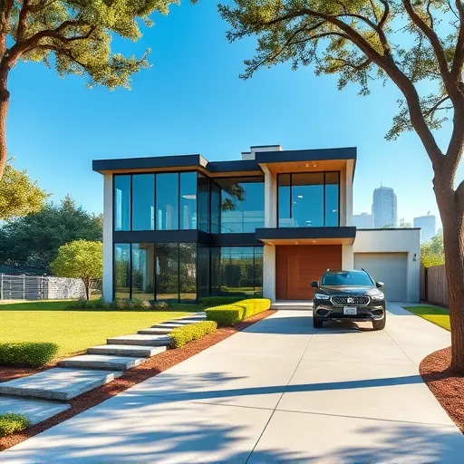 Modern Austin custom home with glass windows, landscaped yard, driveway, SUV, skyline view, and lush trees
