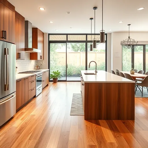 Recently remodeled modern kitchen in East Cesar Chavez TX with warm wood cabinetry quartz island stainless steel appliances and lush garden view