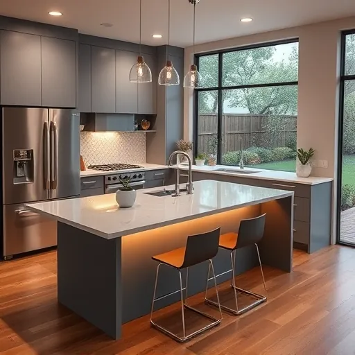 Modern kitchen remodel in Barton Hills TX features gray cabinetry, quartz island, stainless appliances, and natural lighting.