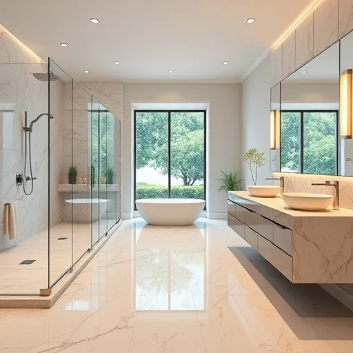 Luxury Austin bathroom with frameless glass shower, marble soaking tub, modern fixtures, and lush greenery view