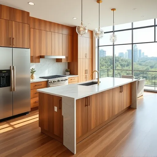 Finished modern Austin kitchen with warm wood cabinets marble island gold fixtures large windows scenic view polished hardwood