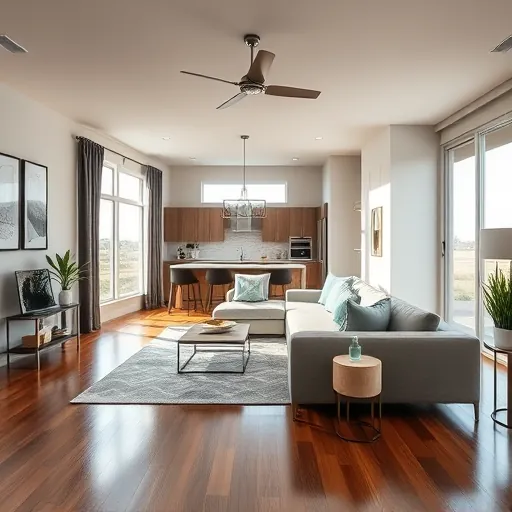 Modern living room in Rough Hollow TX featuring soft greys, warm woods, large windows, and elegant decor.