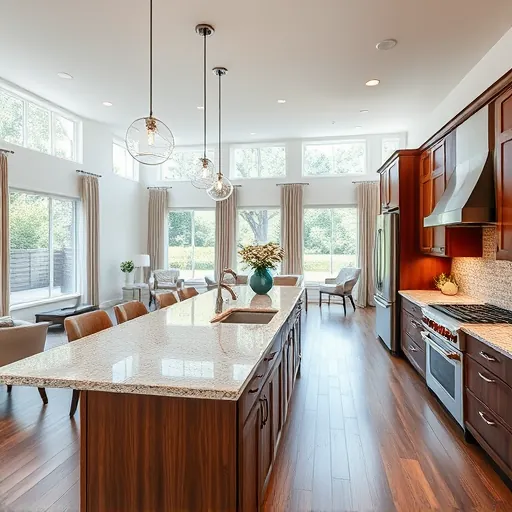 Modern kitchen remodel in Sweetwater TX with granite island, rich wood cabinetry, and bright pendant lights.