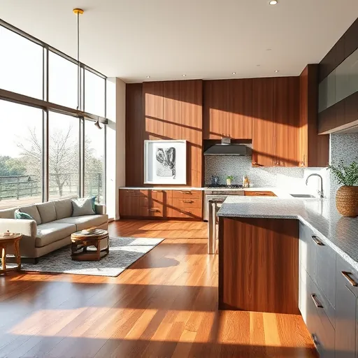 Modern kitchen and living area in South Lamar TX featuring walnut cabinetry, quartz countertops, and natural light.