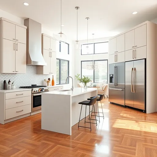 Modern Travis County kitchen with matte cabinets, quartz countertops, mosaic backsplash, stainless steel appliances, and hardwood floors