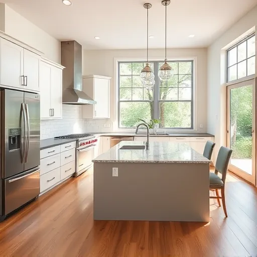 Remodeled Barton Hills kitchen with sleek cabinets, stainless appliances, granite island, hardwood floors, subway tiles, pendant lighting and lush greenery view